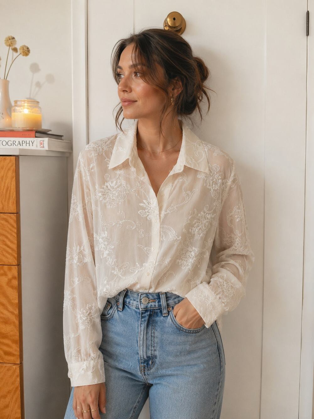 Coldwater Creek Sheer Embroidered Floral Button Up Blouse‎ | Ivory ✨